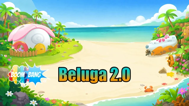 Beluga 2.0 beach artwork with houses, palm trees and an aeroplane
