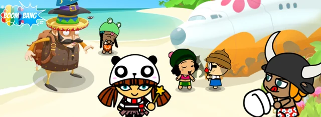 Characters in different outfits gathered on BoomBang's beach