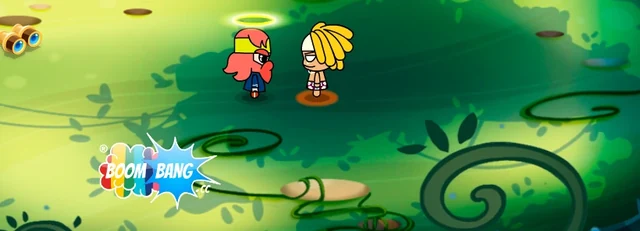 Two BoomBang characters on platforms in a lush green setting